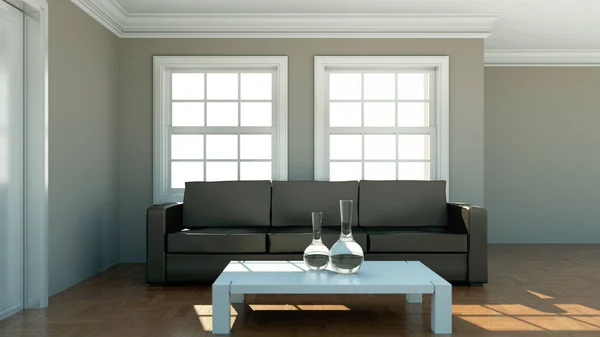 Design interiéru moderní světlý pokoj s černou pohovkou — Stock fotografie
