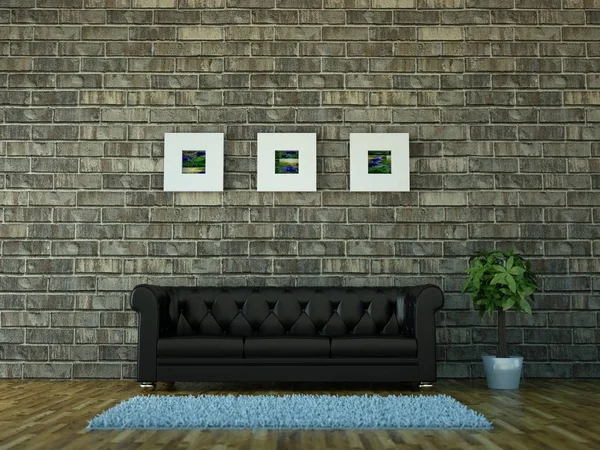 Habitación luminosa moderna de diseño interior con sofá negro —  Fotos de Stock