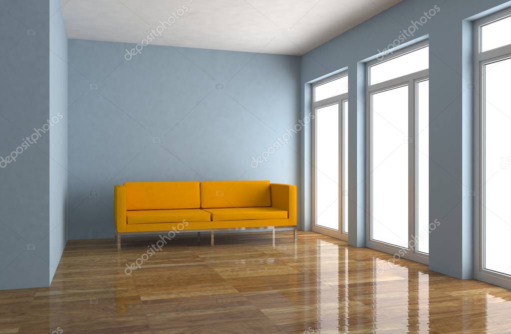 Interior design modern bright room with orange sofa