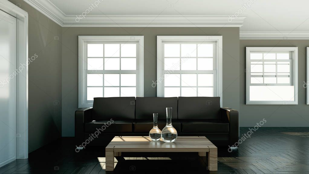 Interior design modern bright room with black sofa