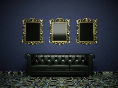 Interior design modern bright room with black sofa clipart
