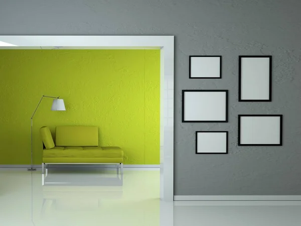Interieur design moderne lichte kamer met zwarte Bank — Stockfoto