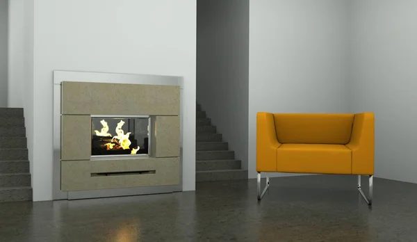 Interior design moderno camera luminosa con divano arancione — Foto Stock