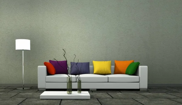 İç tasarım modern parlak oda beyaz kanepe — Stok fotoğraf
