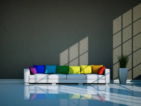 Interior design modern fényes szobában fehér kanapé — Stock Fotó