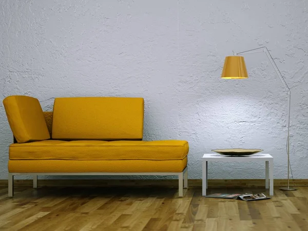 Современный светлый номер с желтым диваном — стоковое фото