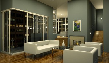 İç tasarım modern parlak oda kanepe ile 3d çizim