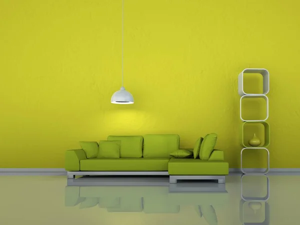 Design de interiores moderna sala brilhante com sofá verde — Fotografia de Stock