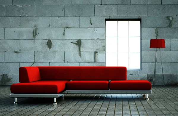 Современный светлый номер с красным диваном — стоковое фото
