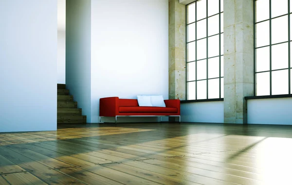 Interior design moderno camera luminosa con divano rosso — Foto Stock