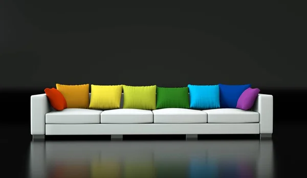Projektowanie wnętrz nowoczesne jasny pokój z białej kanapie i rainbow poduszki — Zdjęcie stockowe