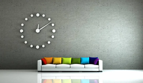 Design de interiores moderna sala brilhante com sofá branco e travesseiros arco-íris — Fotografia de Stock