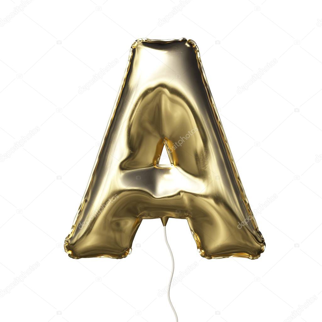 Letter A made of golden inflatable balloon isolated on white background