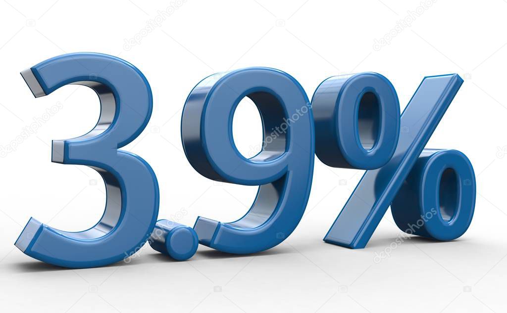 3,9 percent discount. blue 3d numbers on isolated white background