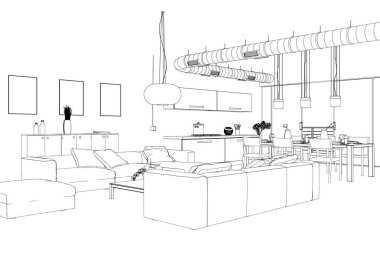 İç tasarım oturma odası özel çizim