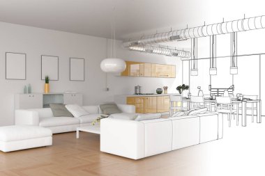 İç tasarım Modern Loft çizim geçiş fotoğraf içine