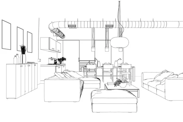 İç tasarım oturma odası özel çizim — Stok fotoğraf
