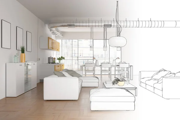 İç tasarım Modern Loft çizim geçiş fotoğraf içine