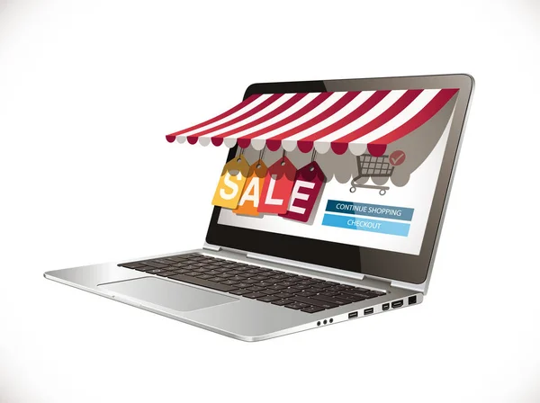 Laptop Come Marketplace Concetto Commerce Computer Grande Vendita — Vettoriale Stock