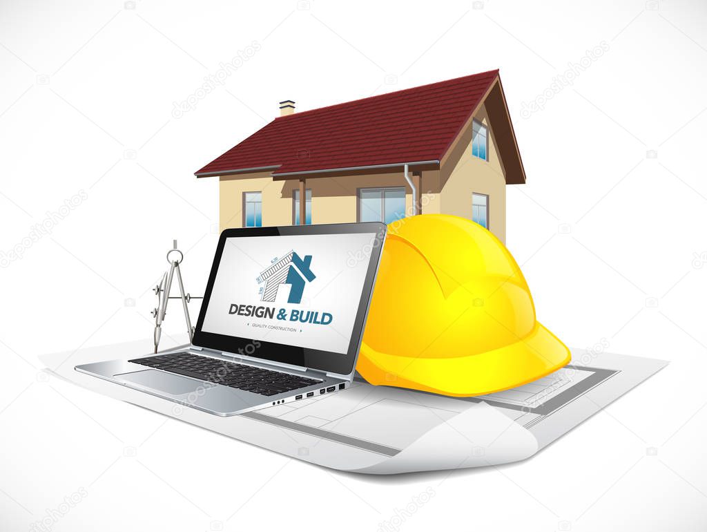 Design and build - house construction concept - architect computer tools