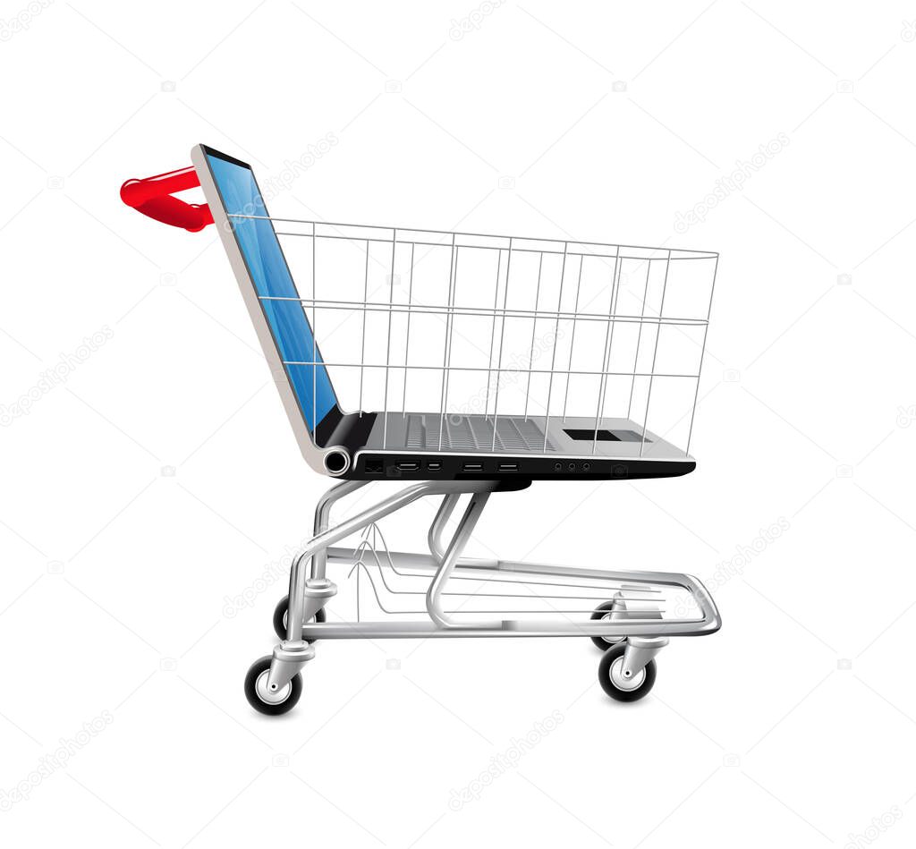 Online shop concept - PC computer as shopping cart  