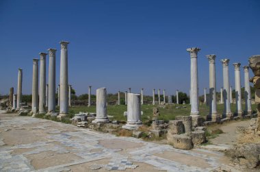 Antik kent Salamis antik spor salonunda korint sütunları, güneşli gün ve mavi gökyüzü, Mağusa, Nothern Kıbrıs