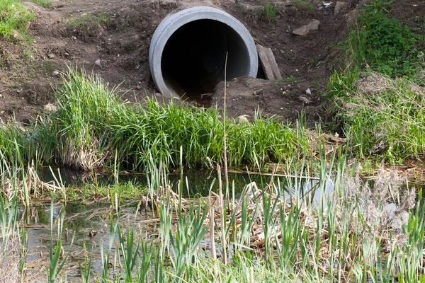 concrete sewer pipe that goes to a small lake, to drain water, closeup