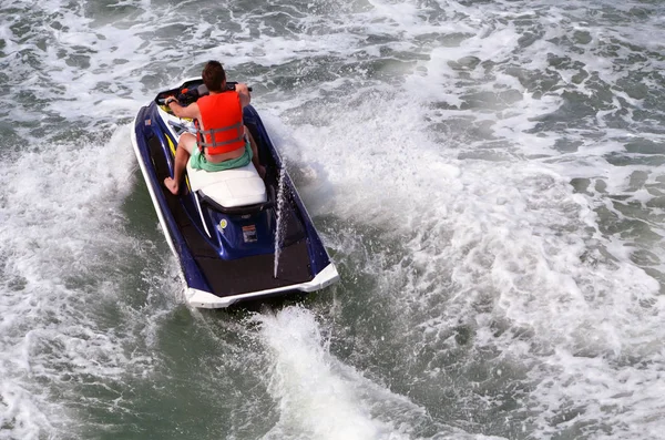 Angled Overhead View Teenaged Boy Running Waves Jet Ski Venetia — Stock Photo, Image