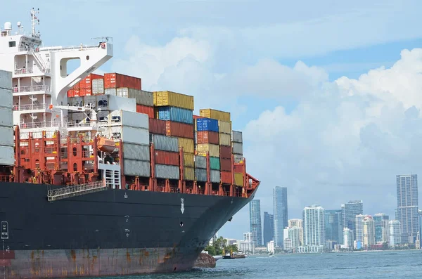 Containerschip Naderen Van Haven Van Miami Miami Forida Met Downtown — Stockfoto