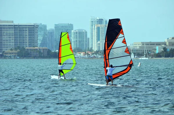 Vindsurfare Biscayne Bay Med Miami Lyx Bostadsrättslägenhet Byggnader Bakgrunden — Stockfoto