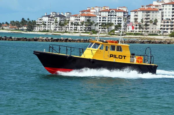 Miami Based Pilot Boat Speeding Luxury Island Condominiums Way Open — Stock Photo, Image