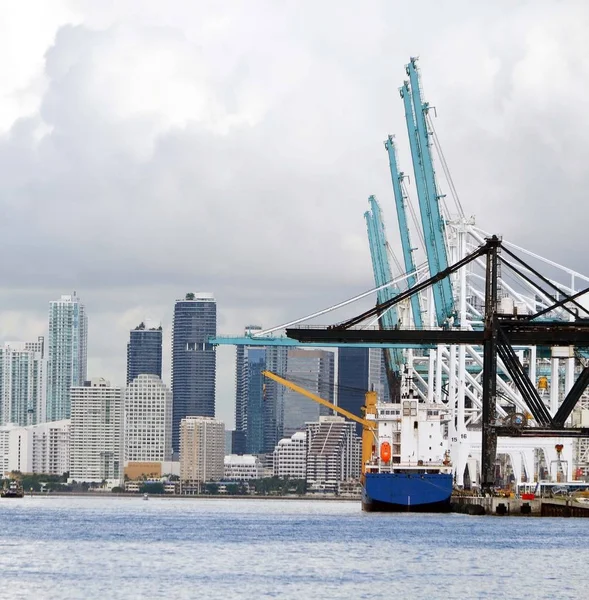 Embarcación Contenedores Carga Carga Puerto Miami Con Edificio Alto Miami — Foto de Stock