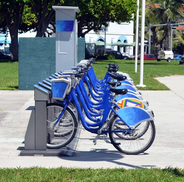 Rental bike kiosk in a park on. Miami Beach,Florida