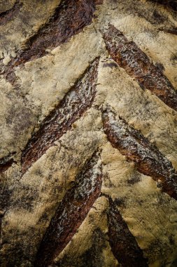 makro büyük tamamen el yapımı yuvarlak siyah ekmek ile ilginç doku yalan üzerine koyu ahşap masa