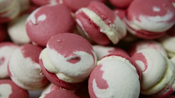 Panorama Para Baixo Montão Macaroons Brancos Rosa Variados Com Recheio — Vídeo de Stock