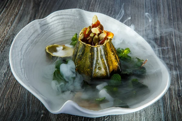 Delicious Dessert Served Pumpkin Decorated Fresh Mint Smoke Restaurant Plate — Stock Photo, Image