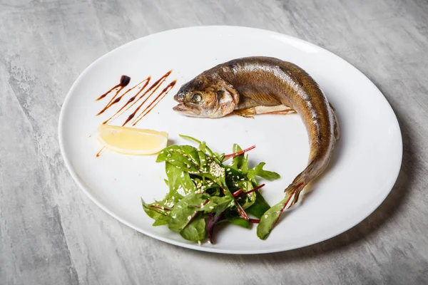 lezzetli Fırında Alabalık rukola salata, limon ve beyaz Restoran plaka gri tablo üzerinde sos ile servis