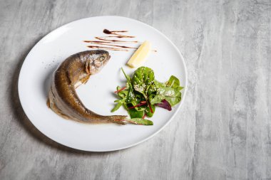 Fırında Alabalık rukola salata, limon ve beyaz Restoran plaka gri tablo üzerinde sos ile servis üstten görünüm