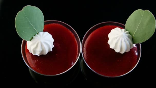 Human Hand Push Third Berry Panacota Dessert Decorated Cream Herbs — Stock Video