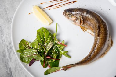 rucola salata, limon ve beyaz Restoran plaka gri tablo üzerinde sos ile servis alabalık pişmiş tatlı