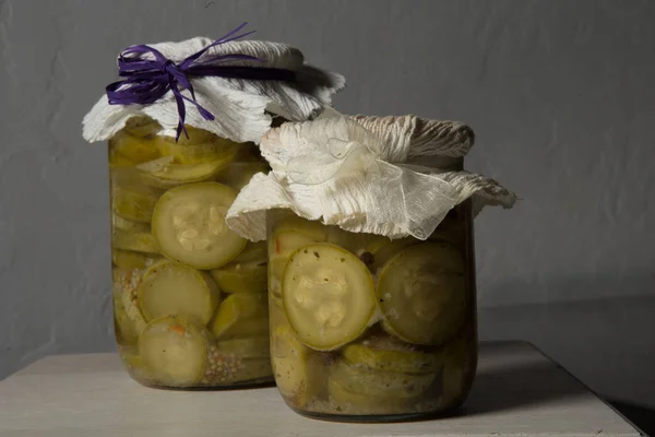 Two Small Glass Jars Homemade Canned Sliced Zucchini Decorated Handmade — Stock Photo, Image