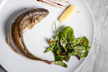 rukola salata, limon ve beyaz Restoran plaka gri tablo üzerinde sos ile servis alabalık pişmiş tatlı