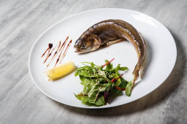 lezzetli Fırında Alabalık rucola salata, limon ve beyaz Restoran plaka gri tablo üzerinde sos ile servis