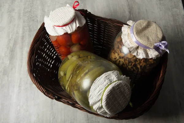 Three Big Glass Jars Homemade Canned Tomatoes Cucumbers Dried Apples — Stock Photo, Image