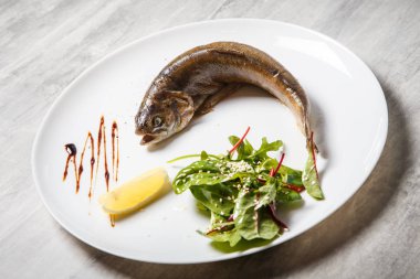 Fırında Alabalık rukola salata, limon ve beyaz Restoran plaka gri tablo üzerinde sos ile servis üstten görünüm