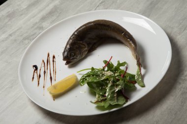 Fırında Alabalık rukola salata, limon ve beyaz Restoran plaka gri tablo üzerinde sos ile servis üstten görünüm