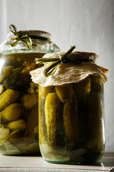 Macro Homemade Canned Cucumbers Big Small Glass Jars Stand Kitchen — Stock Photo, Image