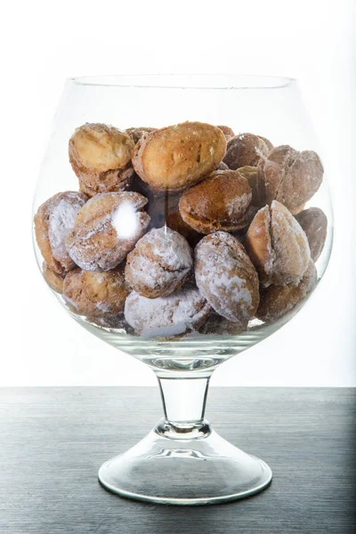 Many Handmade Baked Oval Shaped Nuts Covered White Sugar Powder — Stock Photo, Image