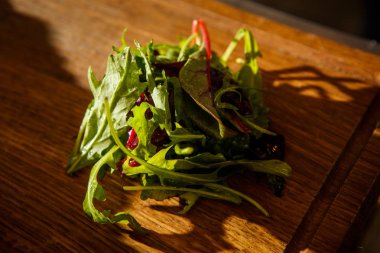 yeşil salata yaprakları yalan kahverengi ahşap zemin üzerine farklı türleri