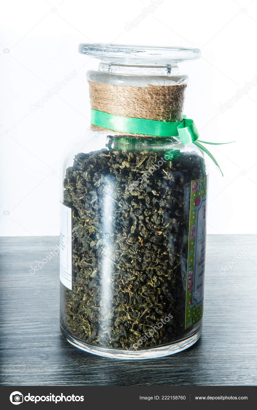 Tea Leaves Big Glass Jar Decorated Brown Cap Green Ribbon Stock